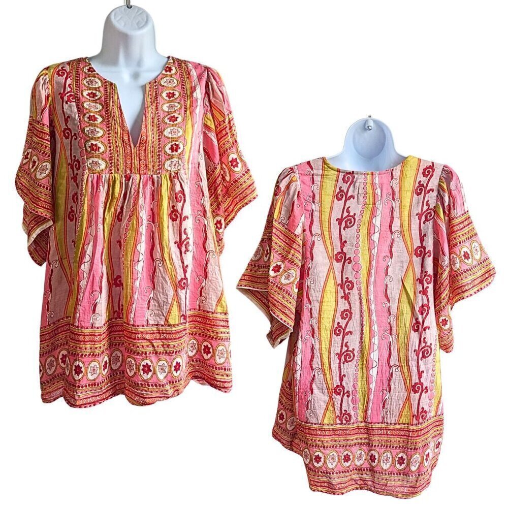 ALICIA BELL Pink Gold Silk-Cotton Short Sleeve Boho Peasant Top Sz L
